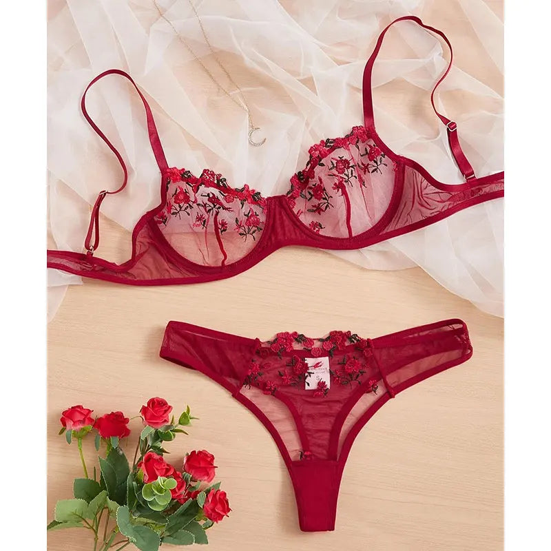 Embroidery Floral Thin Lace Bra Set