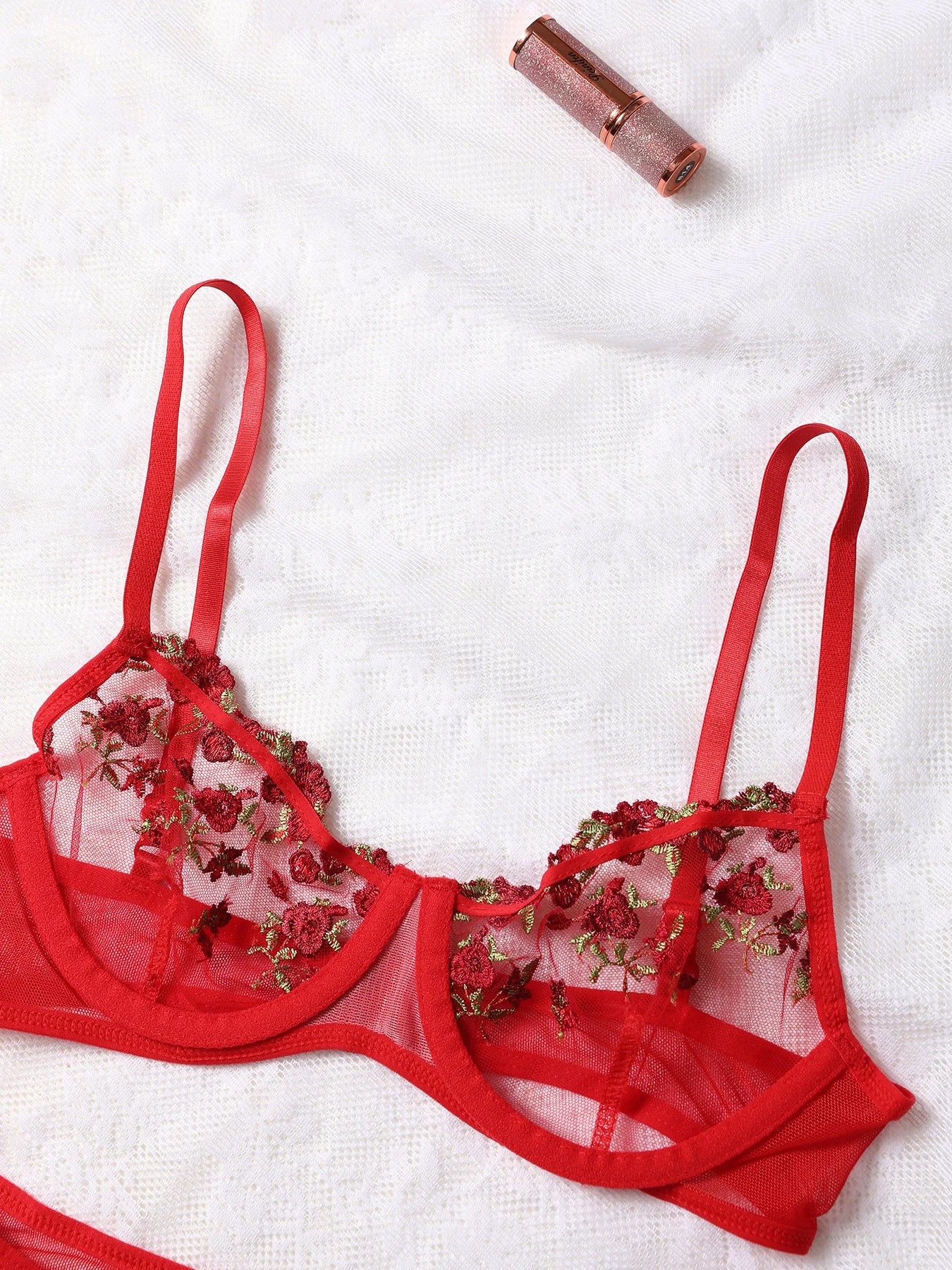 Embroidery Floral Thin Lace Bra Set