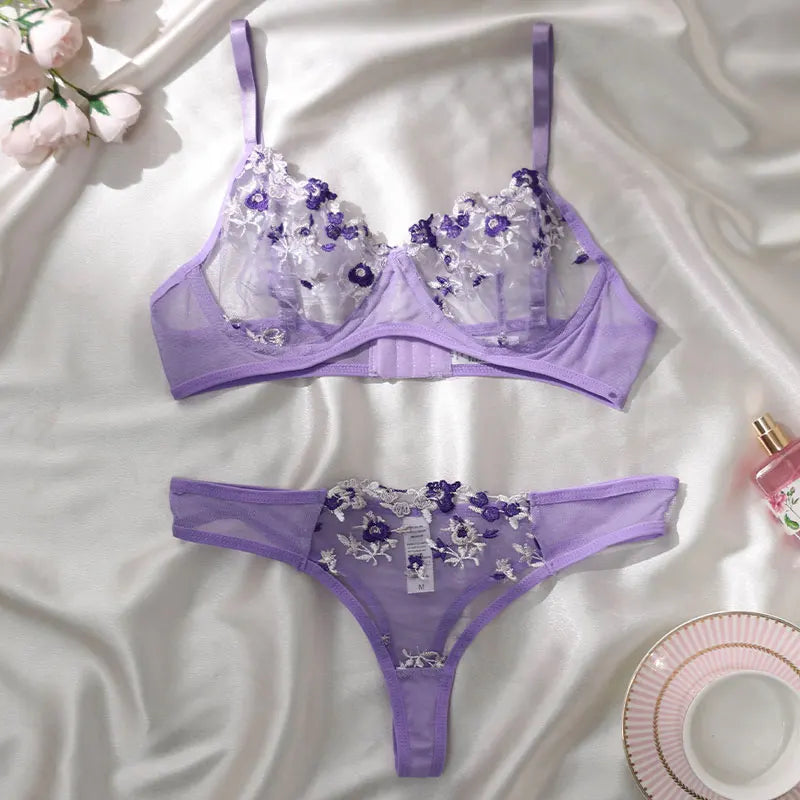 Embroidery Floral Thin Lace Bra Set