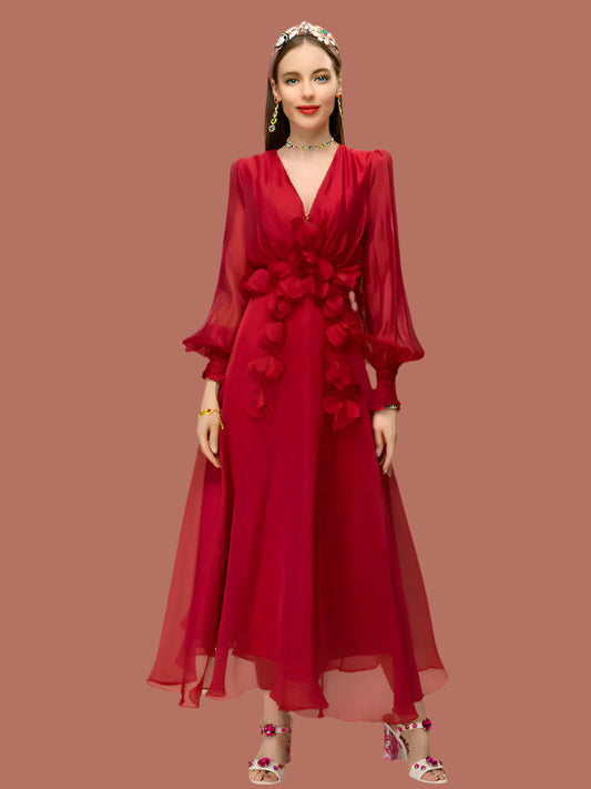 Red V-Neck High Waist Chiffon Slim Fit Long Dress