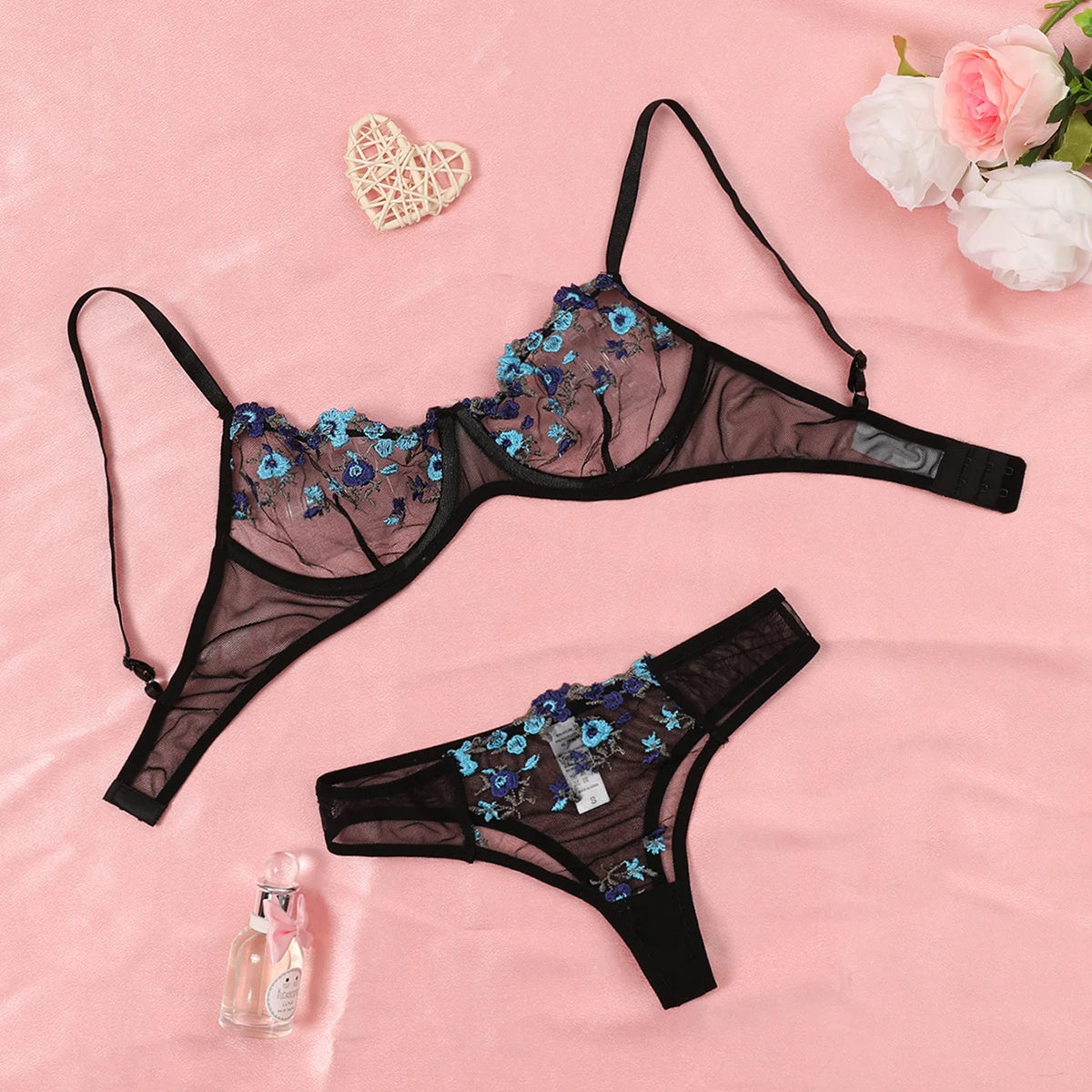 Embroidery Floral Thin Lace Bra Set