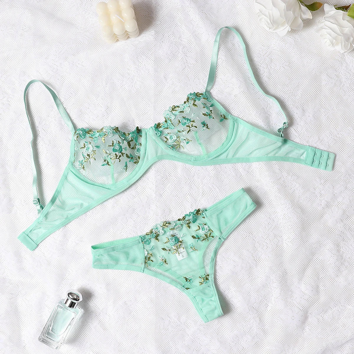 Embroidery Floral Thin Lace Bra Set