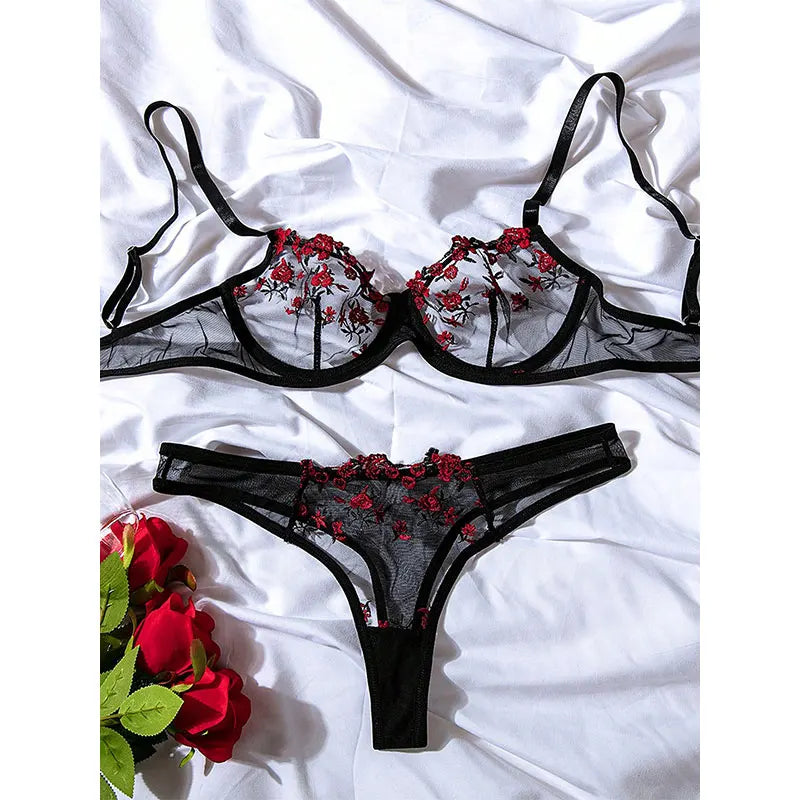 Embroidery Floral Thin Lace Bra Set