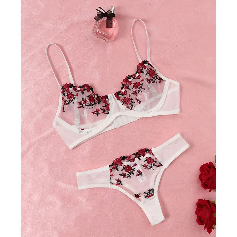 Embroidery Floral Thin Lace Bra Set