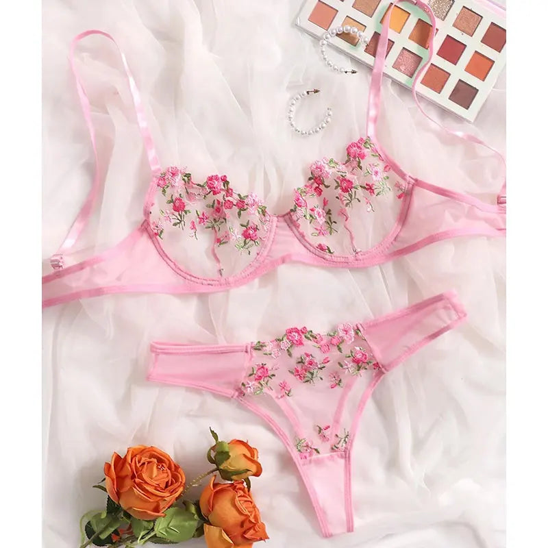 Embroidery Floral Thin Lace Bra Set